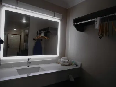 a bathroom with a sink and a large mirror at Americas Best Value Inn-Rialto in Rialto