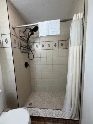 a bathroom with a shower with a toilet and a shower curtain at Mission Bell Motel in Ventura