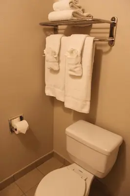 a bathroom with a white toilet and towels at Orange Tustin Inn in Orange in Orange