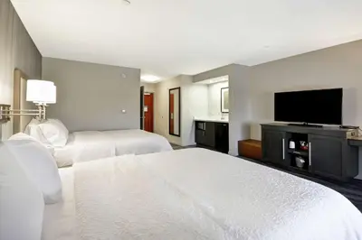 a hotel room with two beds and a flat screen tv at Hampton Inn & Suites Los Angeles Burbank Airport in Burbank