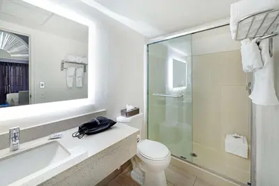 a bathroom with a toilet and a sink and a shower at Best Western Posada Royale Hotel & Suites in Simi Valley