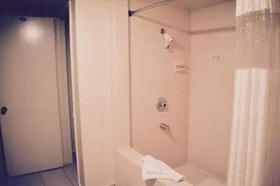 a bathroom with a shower with a shower curtain at Days Inn by Wyndham Anaheim Near the Park in Anaheim