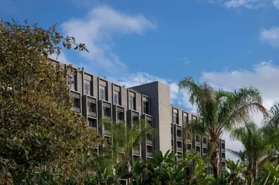 a large building with palm trees in front of it at Knott's Hotel in Buena Park