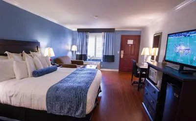a hotel room with a bed and a flat screen tv at Regency Inn in Los Angeles in Los Angeles