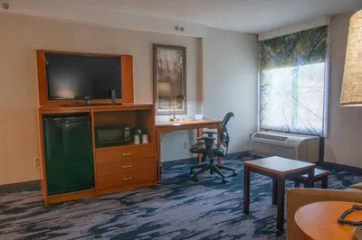 a hotel room with a tv and a desk with a chair at Fairfield Inn & Suites Anaheim North Buena Park in Buena Park