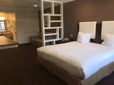 a hotel room with a large bed and a ladder at Hotel Pacific, Manhattan Beach in Manhattan Beach