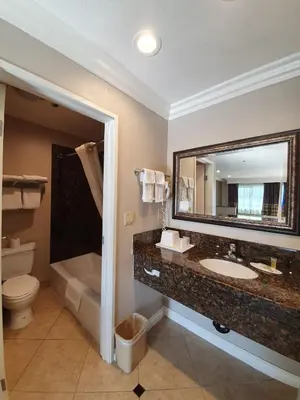 a bathroom with a sink and a toilet and a mirror at Super 8 by Wyndham Cypress Buena Park Area in Cypress