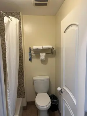 a bathroom with a white toilet and a shower at Travelodge by Wyndham Brea in Brea