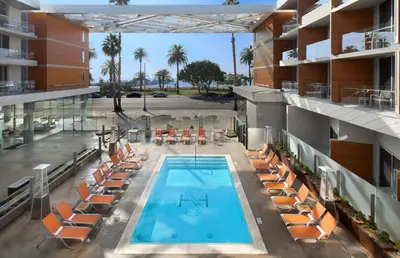 an overhead view of a swimming pool in a building at Shore Hotel in Los Angeles
