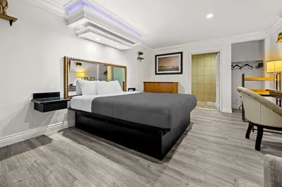 a hotel room with a bed and a desk at Rodeway Inn Santa Ana - Garden Grove in Santa Ana