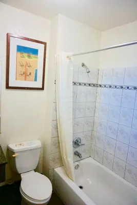 a bathroom with a toilet and a shower and a tub at Satellite Motel, Los Angeles - LAX in South Los Angeles