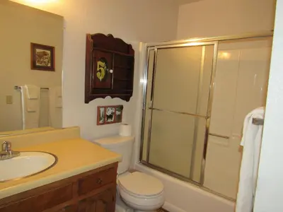 a bathroom with a shower and a toilet and a sink at Miller's Outpost in Big Bear Lake