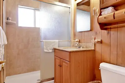 a bathroom with a sink and a shower at Casa Catalina-667 by Big Bear Vacations in Big Bear Lake