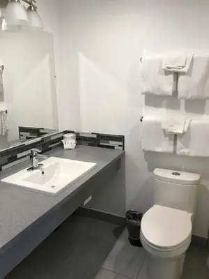 a bathroom with a sink and a toilet and a mirror at Rex Motel in Ventura