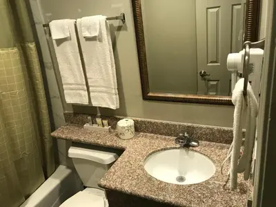 a bathroom with a sink and a toilet and a mirror at Hyland Inn Brea in Brea
