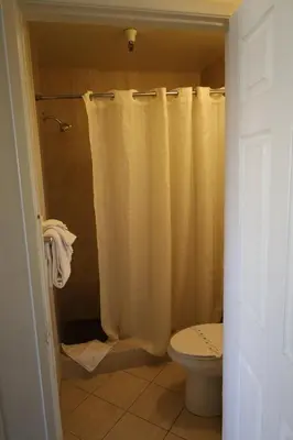 a bathroom with a shower curtain and a toilet at Lambert Inn in Whittier