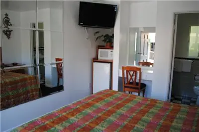 a bedroom with a bed and a large mirror at Rose Bowl Motel in Los Angeles
