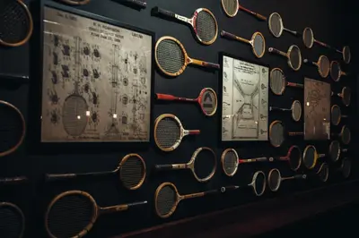 a display of tennis rackets on a wall at Los Angeles Athletic Club in Los Angeles
