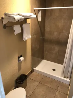 a bathroom with a shower and a toilet at Arlington Inn in Riverside