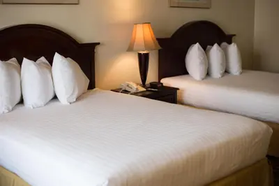 two beds in a hotel room with a lamp and a phone at Queens Inn Anaheim in Anaheim