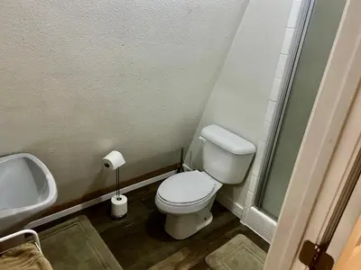 a bathroom with a toilet and a sink at Sequoia National Forest CabinG in Panorama Heights