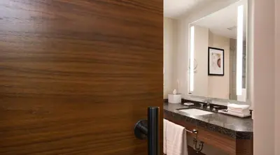 a bathroom with a wooden door with a sink and a mirror at Bear Springs Hotel in Highland
