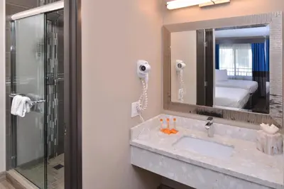 a bathroom with a sink and a shower and a mirror at Tarzana Inn in Tarzana