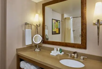 a bathroom with a sink and a mirror at Hilton Los Angeles North-Glendale & Executive Meeting Center in Glendale