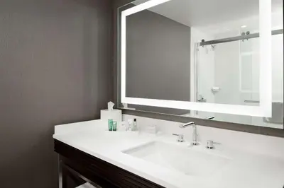 a bathroom with a white sink and a large mirror at Hilton Woodland Hills/ Los Angeles in Woodland Hills