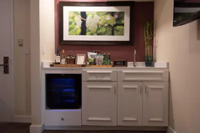 a white counter in a room with ahibition at Hilton Garden Inn Calabasas in Calabasas