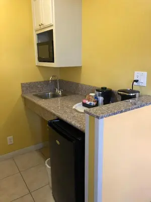 a kitchen counter with a sink and a microwave at Encore Motel Near Marina Del Rey, Culver City & Venice in Los Angeles