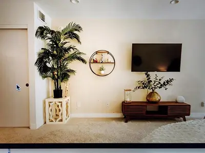 a living room with a tv and a potted plant at Heaven's Best Kept Secret 4 Min From The Sea in Pacific Palisades