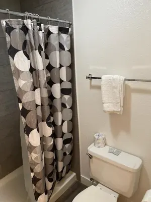 a bathroom with a toilet and a shower curtain at Premier Inns Thousand Oaks in Thousand Oaks