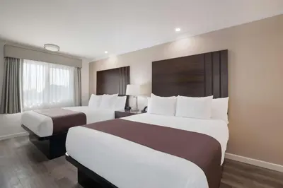 a hotel room with two beds and two windows at SureStay Plus Hotel by Best Western Upland - Ontario North in Upland