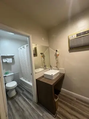 a bathroom with a sink and a toilet and a shower at Friendship Motor Inn in Los Angeles