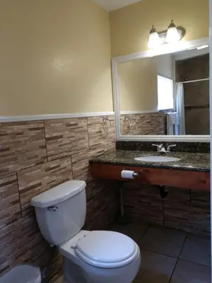 a bathroom with a toilet and a sink and a mirror at Bartlett Motel in Lomita