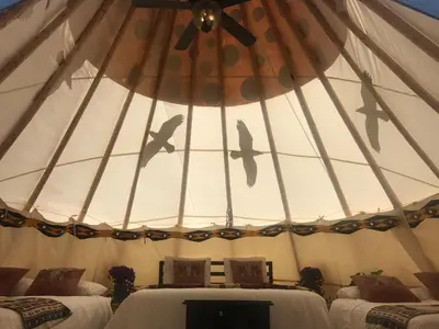 a yurt with two beds and birds on the ceiling at Olancha RV Park and Motel in Olancha