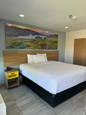 a bedroom with a large bed with a painting on the wall at Days-Inn by Wyndham Bakersfield in Bakersfield