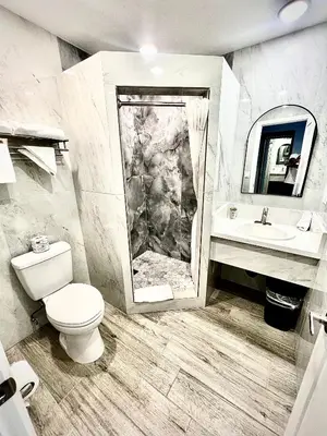a bathroom with a toilet and a sink and a shower at Crystal Lodge Motel in Ventura
