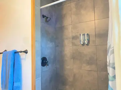 a bathroom with a shower with a blue towel at Blue Horizon Lodge in Big Bear Lake