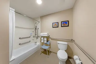 a bathroom with a tub and a toilet and a shower at Comfort Suites Ontario Airport Convention Center in Ontario