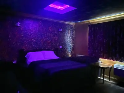 a purple bedroom with a bed and a purple ceiling at Villa Park Motel in Orange