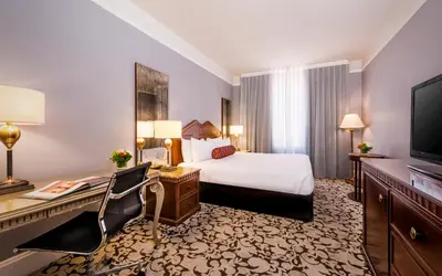a hotel room with a bed and a desk and a television at The Biltmore Los Angeles in Los Angeles