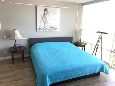 a bedroom with a bed with a blue blanket at Fantastic Marina View in Front of My Window! in Los Angeles