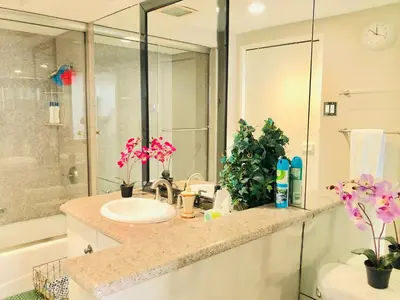 a bathroom with a sink and a shower at Fantastic Marina View in Front of My Window! in Los Angeles