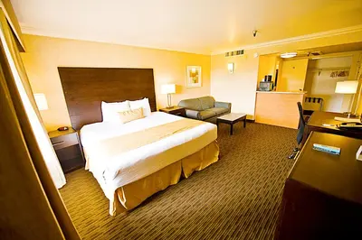 a hotel room with a large bed and a desk at Hotel d'Lins Ontario Airport in Ontario