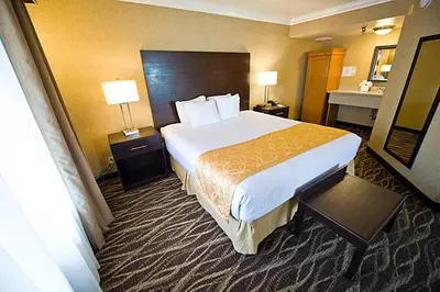 a hotel room with a large bed and a bathroom at Hotel d'Lins Ontario Airport in Ontario