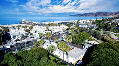 an aerial view of a city and the ocean at Ocean Lodge Santa Monica Beach Hotel in Los Angeles