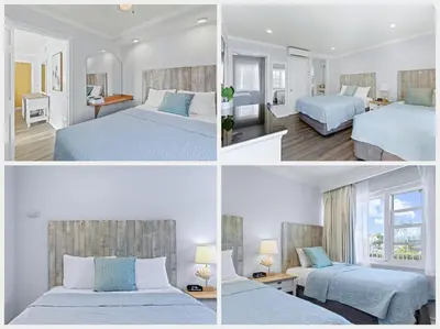 four different views of a hotel room with two beds at Ocean Lodge Santa Monica Beach Hotel in Los Angeles