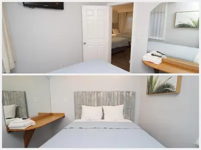 two pictures of a bedroom with a bed and a room with a bed at Ocean Lodge Santa Monica Beach Hotel in Los Angeles